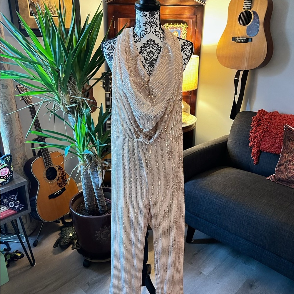 Cream Sequin Plunge Jumpsuit with Slit